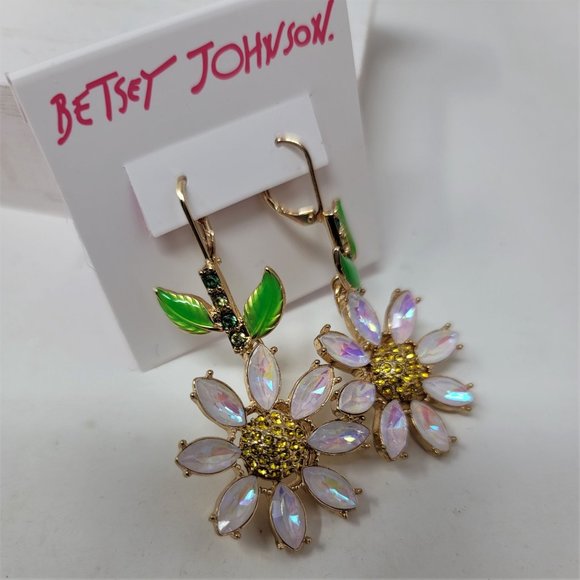 Betsey Johnson Rhinestone Flower Earrings Pierced Levier Backs - Picture 4 of 8